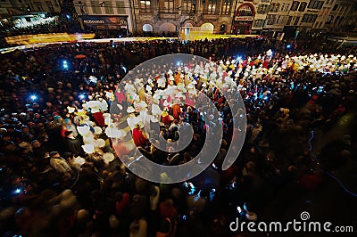 People take part in Morgestraich - Carnival opening in Basel, Switzerland. Long exposure. Editorial Stock Photo