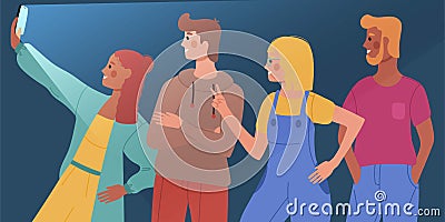 People take selfies at night with a flash, stand in profile in different poses and different races. Vector illustration on a dark Vector Illustration