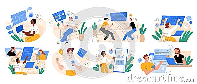 People taking, sharing notes, user experience concept, managing projects, using laptops, phone app interface. Creating Vector Illustration