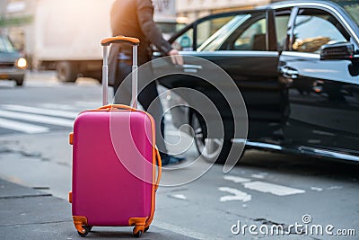 People taking taxi from an airport and loading carry-on luggage bag to the car. Stock Photo