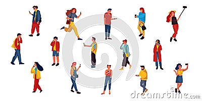 People talking on phone. Flat characters texting listening and talking with smartphones. Vector illustrations happy Vector Illustration