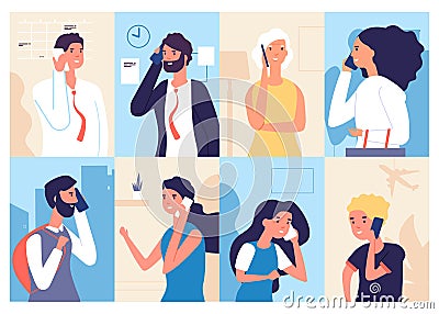 People talking phone. Men and women calling by telephone. Communication and conversation with smartphone vector Vector Illustration