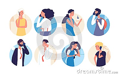 People talking phone. Person, family calling by telephone. Communication and conversation with smartphone vector cartoon Vector Illustration