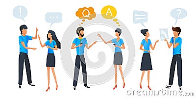 People talking and thinking, group chat communication with colorful dialogue speech bubbles, businessmen discuss social network Stock Photo