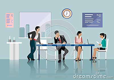 People talking and working in office. Staff around table working with laptop tablet. Office meeting room. Vector Illustration