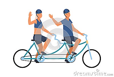 People on tandem bike. Happy male and female character ride on twin bicycle and waving hand, couple healthy lifestyle Vector Illustration