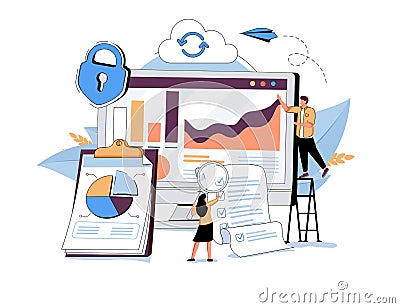 People in team analyze dioramas and graphics, data visualization concept, vector illustration. Cloud computing, analyze. Cartoon Illustration