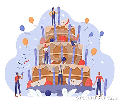 People team decorate birthday cake vector illustration, cartoon tiny flat characters working together on decoration big Vector Illustration