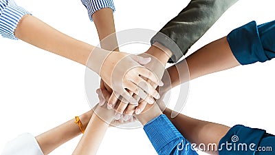 People in team harmonious hand meeting isolate Stock Photo