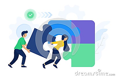 People team up connecting puzzle elements Cartoon Illustration