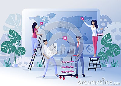 People in Team Working on Marketing Research. Vector Illustration