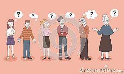 People - Teen Girl, Boy, Woman, Man, Old Men, Old Woman - are Shrugging, Thinking Confused with a Curious Expression - I Vector Illustration