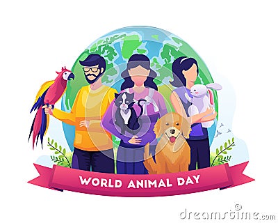 People and their pets celebrate world animal day. Wildlife Day with the animals. Flat Vector Illustration Vector Illustration