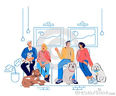 People and pets in queue to veterinary doctor, flat vector illustration Cartoon Illustration