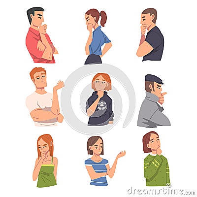 People Thinking or Solving Problems Set, Portraits of Thoughtful Persons with Curious Face Expression Cartoon Vector Stock Photo