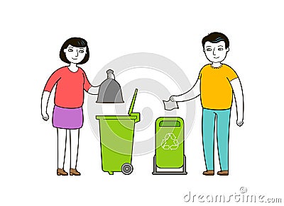 People throw trash in a garbage container. Trash recycling cartoon vector Vector Illustration