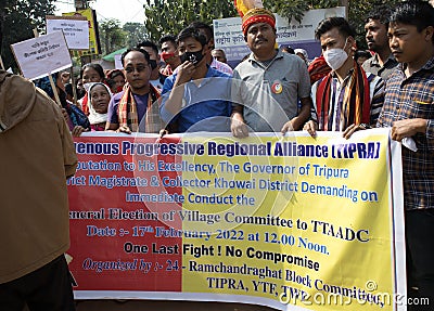 Khowai, India - February 17 2022: TIPRA Motha party people demanding for Village committee Election Editorial Stock Photo