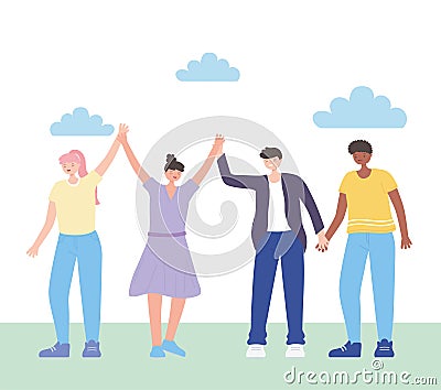 People together, joined the cartoon group of men and women, male and female characters Vector Illustration