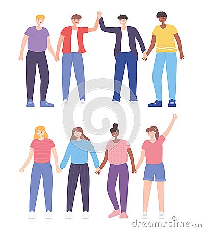 People together, men and women holding hands, male and female cartoon characters Vector Illustration