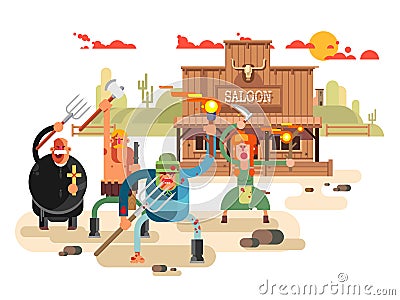 People with torches and pitchforks Cartoon Illustration