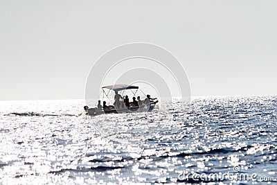 People tourist migrants on motor boat ship on seaP Editorial Stock Photo