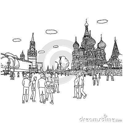 People or tourist walking Kremlin and Cathedral of St. Basil at the Red Square in Moscow Russia vector illustration sketch doodle Vector Illustration