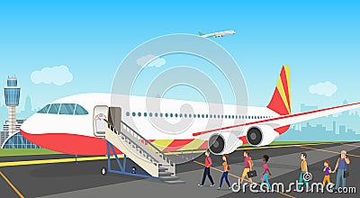 People tourists boarding on a cruise airplane at the airport. Vector illustration. Vector Illustration