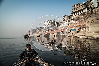 View of the colorful holy Indian city with Ganges river ghat in Varanasi.India Editorial Stock Photo