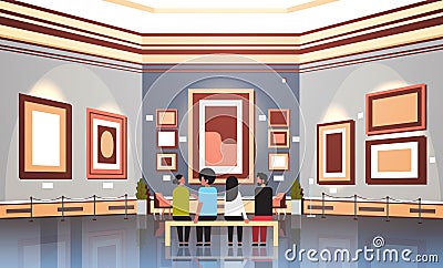 People tourists visitors in modern art gallery museum interior sitting on bench looking contemporary paintings artworks Vector Illustration