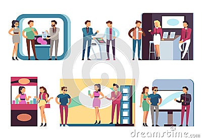 People at trade expo. Men and women at product demonstration stands and event booths on exhibition. Vector set Vector Illustration