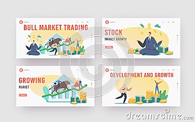 People Trading on Bull Stock Market Landing Page Template Set. Brokers or Traders Characters Analyse Global Fond Vector Illustration