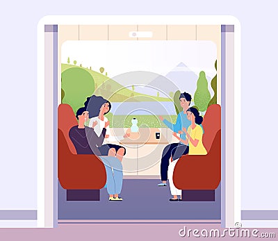 People in train. Men and women travelling by train. Summer landscape in coach window. Railway journey vector flat Vector Illustration