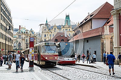 Tourists at the tram station in the old town of Prague, Czech Republic Editorial Stock Photo