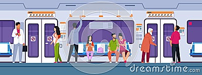 People in transport. Cartoon characters sitting and standing in city train. Vector male and female characters in public Vector Illustration