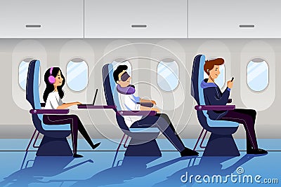 People travel by airplane in economy class. Plane interior with sleeping and working passengers. Vector flat cartoon illustration Vector Illustration