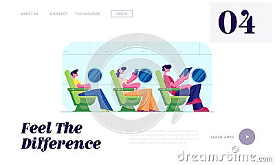 People Travel by Airplane Website Landing Page. Passenger Characters Sitting on Plane Board Relaxing, Listen Music Reading Book Vector Illustration