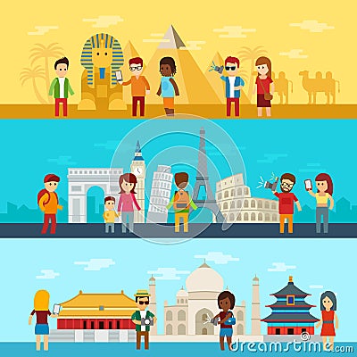 People travel around world, tourists looking and taking a picture of sights in famous world landmarks icons Egypt Vector Illustration