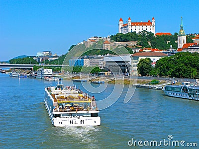 People, cruise ship, Danube, Bratislava castle Editorial Stock Photo