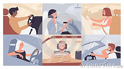 People travel, drive auto on vacation car road trip set with happy man woman drivers Vector Illustration