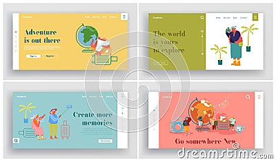 People Traveling Around the World Website Landing Page Set. Young and Senior Male and Female Characters Adventures Vector Illustration