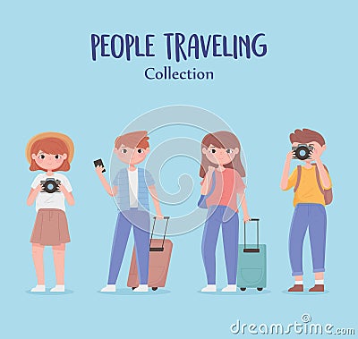 People traveling, collection young group with suitcases camera and mobile Vector Illustration