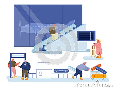 People Traveling Concept. Men Women in Airport Department Waiting Boarding on Airplane for Trip Vector Illustration