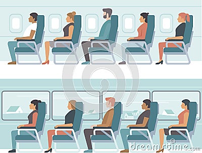 People traveling. Passengers seating in airplane. Travellers in a intercity coach bus. Road trip. Travel and tourism comcept Vector Illustration