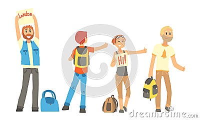 People Travelling by Autostop Collection, Male and Female Tourists Characters Hitchhiking and Catching a Car by Waving Vector Illustration