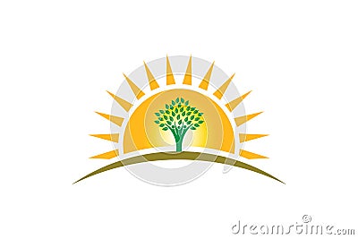 People Tree of Life in sunshine logo. Family of three persons tree strong Vector Illustration