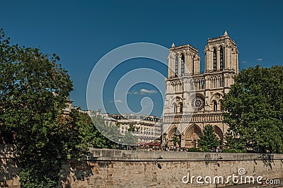 People, tree-lined Seine River and gothic Notre-Dame Cathedral at Paris. Editorial Stock Photo