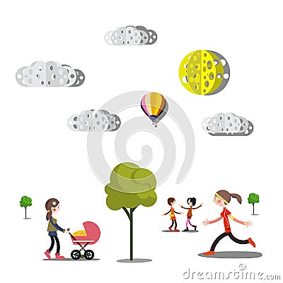 People, Trees and Paper Cut Clouds Vector Illustration