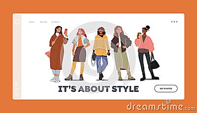People in Trendy Apparel Landing Page Template. Group of Stylish Women in Autumn Fashion Outfits. Modern Casual Clothes Vector Illustration