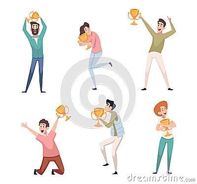People with trophy. Happy characters athletics winners holding golden cups exact vector cartoon persons Vector Illustration