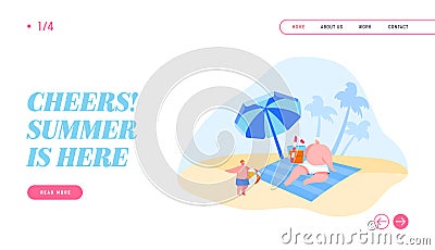 People on Tropical Resort Landing Page Template. Family Characters on Summer Vacation Father Drinking Cocktail Vector Illustration